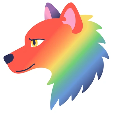 A close-up of a wolf's head is depicted, showcasing intricate details of its features. The wolf has sharp, amber eyes that reflect light, adding intensity to its gaze. The fur on the wolf's head transitions smoothly through a vibrant spectrum of rainbow colors, from deep red at the muzzle, shifting to orange, yellow, green, blue, and finally purple at the tips of the ears. The fur appears fluffy and textured, with each color blending harmoniously into the next, highlighting the wolf's powerful and majestic presence. The background is a soft gradient that complements the colors of the fur, enhancing the overall visual impact of the wolf's head.