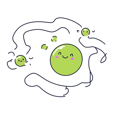 A minimalist cartoon illustration of a single cell, depicted as a round shape with a simple smiling face. The cell has a vibrant green color with a few tiny bubbles around it. It is navigating through a winding maze, which is outlined with thick black lines. The maze features sharp turns and twists. The cell is actively avoiding a representation of division, shown as two smaller cells with similar features trying to split from it. The background is plain to emphasize the maze and the cell's journey.
