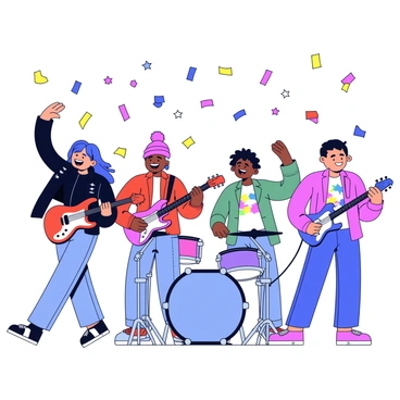 A band of four members stands on stage, smiling and raising their instruments in celebration. The lead singer has long hair and is wearing a black leather jacket. The guitarist, with a bright red beanie, plays an electric guitar. The bassist wears a graphic t-shirt and has a joyful expression. The drummer is seated behind a drum kit, with a big grin. Colorful confetti is falling from above, creating a vibrant scene. A spotlight shines down on the band, highlighting their excitement and the festive atmosphere.