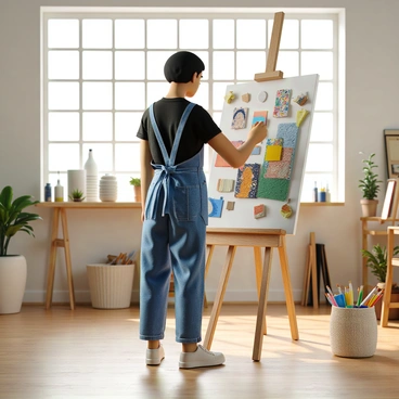An artist with light skin and short curly hair is standing in front of a large canvas in a well-lit studio. She is wearing a blue apron over a black t-shirt and is carefully placing various design elements, including colorful paint swatches, brushes, and small geometric shapes around the canvas. The canvas is partially covered in abstract designs, showcasing a blend of vibrant colors. The studio is filled with art supplies, and there are large windows allowing natural light to flood in, creating a warm and inviting atmosphere.
