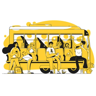 A group of students sitting together on a school bus, engaged in conversation and laughter. Some students are leaning in closer to each other while sharing stories. One student is holding a backpack in their lap. There are backpacks and books scattered on the bus seats. The bus interior features rows of seats, and the windows show glimpses of trees and buildings passing by outside. A few students are playfully using their phones, while others are animatedly gesturing as they talk.