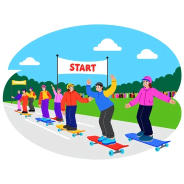 A competitive longboarding event features numerous racers lined up at the starting line. Each racer stands on their board, wearing colorful helmets and protective gear. The longboards have vibrant designs, showcasing an array of colors and patterns. In the background, a cheering crowd holds banners and flags, adding excitement to the scene. The pavement below is smooth and well-maintained, reflecting the bright blue sky overhead, while a banner reading "Start" flutters in the gentle breeze above the racers.