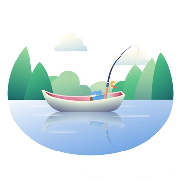 A small wooden fishing boat is gently floating on a calm lake. The boat is painted in a light blue color, reflecting softly on the water's surface. Surrounding the boat, the lake is surrounded by lush green trees that frame the scene. The water is still, with faint ripples emanating from the boat's movement. In the boat, there is a single fishing rod resting in a holder, and a small fishing tackle box is placed on the floor of the boat. The sky above is clear with a few fluffy white clouds drifting lazily, casting soft shadows on the lake below.