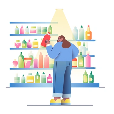 A customer with light brown hair is standing in front of a shelf filled with various colorful products. The shelf is illuminated by a bright spotlight, which highlights specific items, making them stand out prominently. The customer is wearing a blue shirt and jeans, and is smiling as they reach out to pick up a vibrant red bottle. Surrounding the shelf are other shelves filled with items in shades of green and yellow, creating a colorful shopping environment. The floor is gleaming and the overall atmosphere is lively and engaging.