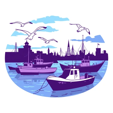 A duotone illustration features a busy harbor at dawn. The sky is transitioning from dark to light, creating a backdrop for the scene. Several fishing boats are anchored, their outlines visible against the horizon. Seagulls are flying above the boats, their wings spread wide as they search for breakfast. The water reflects the colors of the sky, creating gentle ripples around the boats. The atmosphere is filled with the early morning sounds of the harbor, enhancing the lively scene.