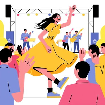 A woman with long flowing hair dancing joyfully at an outdoor music concert. She is wearing a bright, colorful dress that billows as she moves. The crowd around her consists of various people, some clapping and others cheering. Colorful lights are shining above the stage, creating a vibrant atmosphere. In the background, a large speaker is visible, and a band is performing energetically on stage.