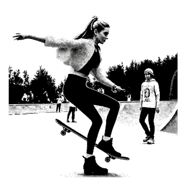 Barbie showing off skateboard tricks at an 80s skate park