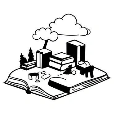 An island made entirely of books, with the terrain made up of open pages that resemble soft sand. Sturdy book covers serve as stepping stones scattered across the island's surface. Towering stacks of books form small hills rising above the landscape, creating a varied topography. A few larger books serve as makeshift benches under a tree made from book spines, providing shade. Fluffy clouds made of crumpled paper hover above, casting shadows on the island.