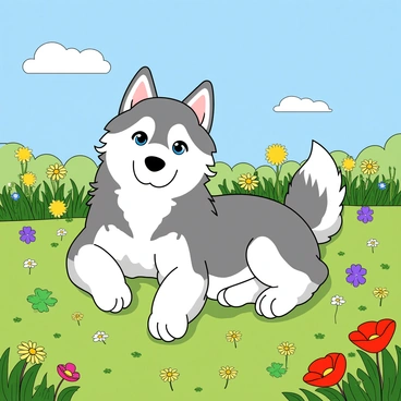 A fluffy husky with striking blue eyes is lying comfortably in a vibrant meadow. The meadow is blanketed in a variety of colorful wildflowers, including yellow daisies, purple clovers, and red poppies. The husky has a thick gray and white coat, and its ears are perked up, showcasing its alertness. Sunlight spills over the scene, casting soft shadows on the ground and highlighting the delicate petals of the flowers surrounding the dog. In the background, a few fluffy white clouds drift lazily through a clear blue sky.