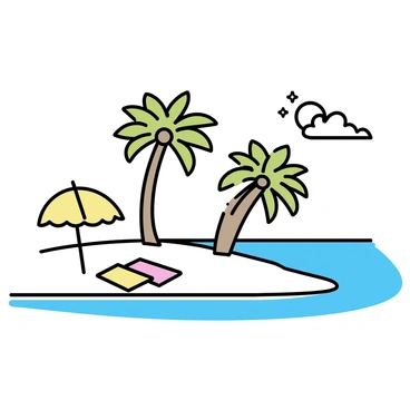 A tropical island featuring several tall palm trees swaying gently in the breeze. Soft, white sandy beaches curve around the island's edge. The clear blue water sparkles under the bright sun, reflecting shades of turquoise and azure. In the background, a few small, fluffy white clouds drift across the sky. A pair of colorful beach towels lies on the sand, with a beach umbrella providing shade nearby.