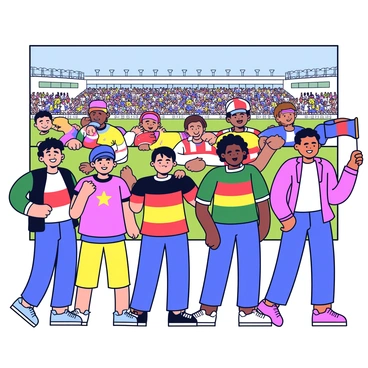 A diverse group of fans from different countries stands together, each wearing vibrant national jerseys representing their respective nations. The fans display a variety of colors and designs, showcasing flags and emblems of their countries. They are smiling and cheering, clearly enjoying the atmosphere of a global football event. Some fans hold banners and flags, while others have painted faces in their national colors. In the background, a large football stadium can be seen, packed with cheering crowds and colorful decorations.