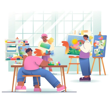 A spacious illustration workshop is filled with natural light streaming through large windows. In the foreground, an artist with curly hair and glasses is sitting at a wooden table, working on a colorful watercolor painting of a landscape. Next to them, there is a palette with various vibrant paints and brushes scattered about. 

In the background, another artist with short hair is displaying a series of sketches pinned to a corkboard, while a third artist is standing beside them, pointing at a large canvas where they are painting a vibrant mural. The atmosphere is lively, with easels set up around the room, showcasing a variety of artworks in progress. On a nearby shelf, stacks of sketchbooks and art supplies are neatly organized, adding to the creative environment.