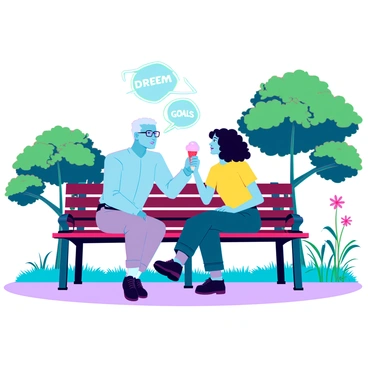 A mentor with short, graying hair and glasses is sitting on a park bench, wearing a light blue shirt and khaki pants. Next to him, a mentee with curly black hair and a bright yellow t-shirt is holding an ice cream cone. They are both facing each other, engaged in a deep conversation about "dreams" and "goals." In the background, there are lush green trees and a well-maintained lawn, while colorful flowers add vibrancy to the scene. The sun is shining brightly, casting soft shadows on the ground, creating a warm and inviting atmosphere.