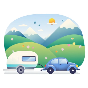 A shiny blue Beetle car is towing a small white caravan as it drives through a picturesque valley. The valley is surrounded by lush green hills dotted with colorful wildflowers. In the background, there are tall mountains with snow-capped peaks under a clear blue sky. The sun casts a warm glow on the scene, highlighting the details of the car and caravan. Birds are flying above, adding a sense of movement to the tranquil landscape. The car's headlights are on, suggesting an early morning or late afternoon journey.