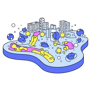 A cityscape composed of various cellular structures, resembling buildings and streets. The structures have distinct shapes, including round mitochondria and elongated endoplasmic reticula. Flowing through this cityscape are vibrant streams of ATP depicted as bright yellow circles, moving rapidly like traffic along the pathways between the structures. The scene includes intricate details of cellular membranes and organelles, creating a dynamic and interconnected environment.