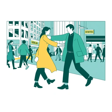 A person wearing a teal jacket extends their right arm to guide a blind person safely through a bustling area. The blind person, dressed in a yellow coat, holds a white cane in their left hand while elegantly following the guidance of the teal-jacketed individual. Around them, various people in the background are walking hurriedly, some using their phones. There are tall buildings lining the street, and colorful storefronts are visible along the busy sidewalk. The interaction between the two figures showcases a sense of trust and support amid the urban commotion.