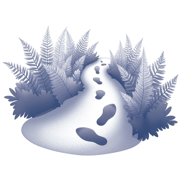 A series of footprints marked in the ground, leading through a dense patch of ferns. The ferns are lush and abundant, with numerous fronds extending in various directions. The surrounding area appears wild and untamed, with foliage creating a sense of depth. The footprints indicate a journey, suggesting movement through this vibrant landscape.
