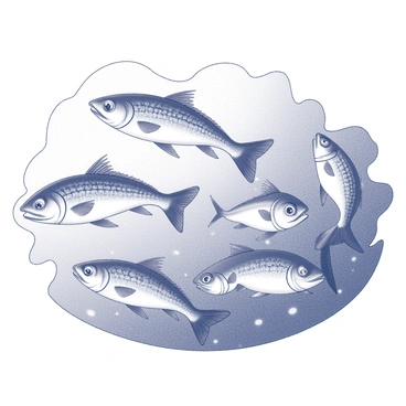 A mosaic artwork featuring several herring fish in dynamic motion. The fish are intricately designed with various tile patterns and textures, showcasing their scales and fins. Surrounding the herring are stylized waves, created with curving lines and shapes that suggest movement and fluidity. The overall composition captures the sense of the fish swimming through the water, with attention to detail in both the fish and the surrounding waves.