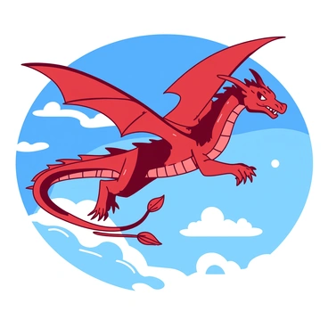 A red dragon with shimmering scales is soaring high in the sky. The dragon has large, outstretched wings that are catching the wind as it glides. Its long tail trails behind, twisting elegantly in the air. The dragon's fierce eyes are focused ahead, and its mouth is slightly open, revealing sharp teeth. Fluffy white clouds surround the dragon, contrasting with the deep blue of the sky. Sunlight glints off its scales, creating a striking visual effect as it moves gracefully through the open air.