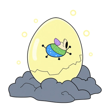 A glowing, translucent egg rests on a rocky surface, radiating soft light. It is partially cracked, with shards of the shell gently falling away. Emerging from the egg is a small alien creature with a round body and large, expressive eyes. Its skin is a mix of bright colors, including blue, green, and purple, with tiny sparkling patterns. The alien has short limbs, each ending in three tiny fingers, and its head is oversized compared to its body. Surrounding the egg are small, glowing orbs floating in the air, adding to the otherworldly atmosphere.