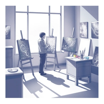 An interior view of a creative art studio. The space is cluttered with canvases and paintbrushes, showcasing the artistic environment. An artist is standing in front of an easel, intently focused on painting. The canvas displays intricate "swirling patterns" reminiscent of "cyanobacteria," with dynamic forms that suggest movement. The artist has a palette filled with vibrant paints in various containers. Natural light pours in through a large window, illuminating the scene and creating interesting shadows on the floor. The walls are adorned with completed artworks, hinting at the artist's diverse inspirations and creativity.