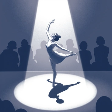 A dancer in a dynamic pose is centered on a stage under a bright spotlight. The dancer’s attire is flowing, accentuating their movements. The surrounding stage is dark, creating a stark contrast with the illuminated figure. The posture of the dancer conveys grace and energy, drawing the audience's focus to their performance. Shadows stretch behind the dancer, enhancing the dramatic effect of the scene. Audience members can be seen in silhouette, captivated by the display.