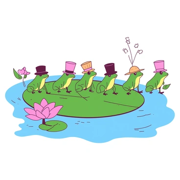A vibrant scene shows a line of frogs wearing tiny hats as they march across a large green lily pad. Each frog has a unique, colorful hat, with styles varying from a top hat to a straw hat. The frogs are positioned in a straight line, moving in unison with their legs lifted in an animated manner. In the background, delicate pink water lilies bloom around the edges of the lily pad, and the surface of the water reflects the blue sky above. The overall composition captures a playful and lively moment in nature.