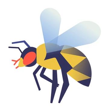 A hornet is depicted using a series of geometric shapes, including triangles and circles, arranged to form its body and wings. The hornet's body is predominantly yellow and black, with sharp angles creating a dynamic look. The wings are made up of translucent blue shapes that overlap, adding depth to the illustration. Bold red accents highlight the hornet's eyes and stinger, creating a striking contrast against the yellow and black body. The background features a gradient that transitions from dark to light, enhancing the overall visual impact of the hornet.