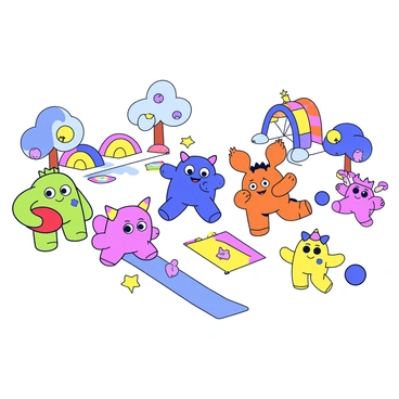 A group of five friendly monsters is gathered in a whimsical playground. The first monster is bright green with round eyes and soft purple spots, holding a red frisbee. The second monster is a vibrant blue, with a fluffy tail and a cheerful expression, playing hopscotch on a painted path. The third monster is orange with big ears and a tiny crown, watching the fun while sitting on a swing. The fourth monster is pink and has a long tail, climbing on a colorful jungle gym. The fifth monster is yellow with small arms, rolling a large ball towards its friends. The playground features a slide shaped like a rainbow and several trees with oversized, colorful leaves.