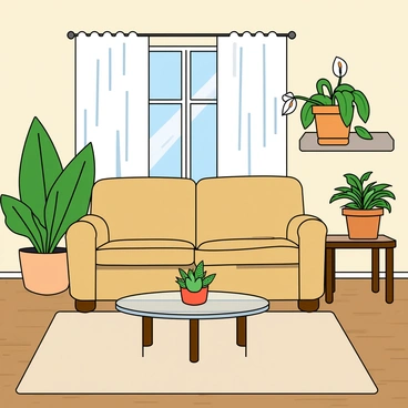 A living room with various potted plants placed around, giving it a touch of nature