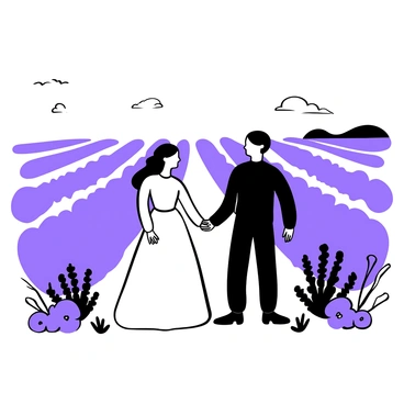 A bride in a flowing white gown stands next to a groom in a black suit, holding hands. They are positioned in the center of expansive lavender fields, with rows of blooming lavender stretching into the distance. The fields are filled with rich, detailed textures of the lavender plants. Above them, a clear blue sky fills the background, enhancing the serene scene. Surrounding the couple are scattered lavender flowers and hints of green foliage, providing an immersive natural environment.