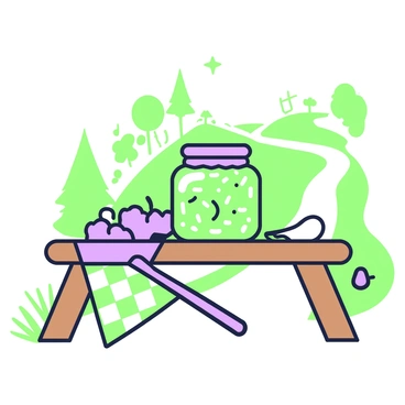 A pickle jar is resting on a wooden picnic table within a park setting. The jar is filled with pickles and glimmers as sunlight reflects off its surface. Surrounding the jar are a few picnic items, including a green and white checkered tablecloth partially hanging over the edge of the table. In the background, there are scattered green trees and a small path that winds through the park. A few blades of grass are visible near the edge of the table, adding to the outdoor ambiance.