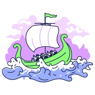 A Viking ship is sailing through a tumultuous sea. The ship features a dragon-shaped prow, and its sails are billowing in the fierce wind. Towering waves are crashing around the ship, forming white frothy crests that loom high above the deck. The sea is churning violently, and dark clouds fill the sky, hinting at an incoming storm. The ship's crew can be seen, bracing themselves against the elements as they navigate the treacherous waters. In the background, faint outlines of distant mountains are barely visible through the storm.