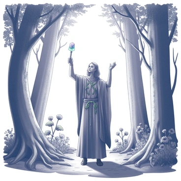 A druid stands in the center of an ancient forest, surrounded by towering trees with thick trunks and sprawling roots. The druid is wearing a flowing cloak, adorned with natural elements such as leaves and vines. Their arms are raised, and in their hands, they hold a staff topped with a luminous crystal that seems to glow softly. Around them, various plants and flowers are thriving, appearing to respond to the druid's call. Rays of light filter through the dense canopy, casting intricate shadows on the forest floor. The atmosphere is filled with a sense of vitality and connection to nature. "Calling upon nature's power" is subtly conveyed through the druid's focused expression and the vibrant life surrounding them.