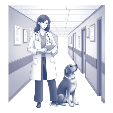 A doctor wearing a white coat and a stethoscope is standing in a hospital corridor. The doctor is looking at a clipboard while the service dog, a retriever, sits calmly by their side. The hospital setting includes several medical charts on the walls and a row of patient rooms in the background. The floor is tiled, and overhead lights illuminate the area. The doctor appears focused and professional, while the service dog looks attentive and ready to assist.