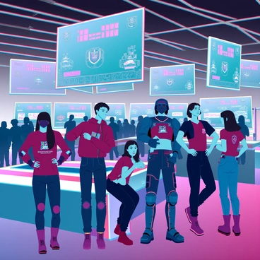 A colorful gaming convention hall filled with fans dressed as their favorite esports characters. Some fans are wearing elaborate armor, complete with LED lights and intricate designs. Others are in casual yet detailed outfits, showcasing iconic team logos and colors. The atmosphere is lively, with groups gathered around interactive displays showing gameplay and competitions. Bright banners featuring various esports teams hang from the ceiling, while large screens display the action of live tournaments. The fans are posing for photos, excitedly interacting with each other and the immersive environment.