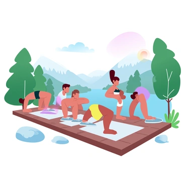 A group of athletes is performing mountain climbers on a wooden deck. The athletes are wearing various athletic outfits in bright colors, showcasing their energy and determination. In the background, there is a serene lake that reflects the surrounding landscape. Lush green trees frame the lake, and the sun casts a warm light over the scene. The wooden deck adds texture to the foreground, while a few small rocks and patches of grass are visible near the edges of the deck.