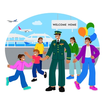 A soldier in a crisp military uniform with medals is standing at the airport terminal. The soldier is smiling broadly, with a look of joy on their face. Surrounding the soldier are family members and friends, all wearing happy expressions. A young child runs towards the soldier, arms outstretched, while an adult nearby has tears of joy in their eyes. Colorful balloons and a large "Welcome Home" banner are visible in the background, adding to the festive atmosphere. The airport terminal features bright lights and a large window showing airplanes outside.