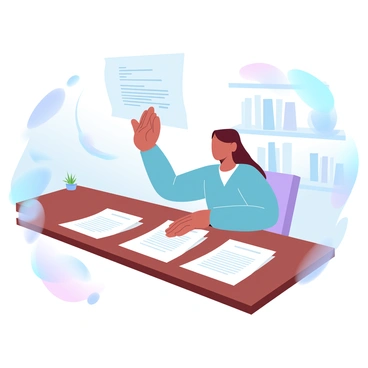 A person is seated at a wooden desk covered with two job offer letters from different companies. The letters are neatly arranged side by side, with one letter being slightly longer than the other. The person has their hands resting on the desk, with one hand lightly touching the top letter while they gaze thoughtfully at the documents. A soft light illuminates the scene, creating gentle shadows on the desk. In the background, there are bookshelves filled with books and a small plant in a pot, adding a touch of greenery to the workspace.