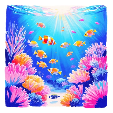 An underwater scene showcases a vibrant coral reef teeming with life. Various species of tropical fish swim among the colorful corals. Brightly colored clownfish dart in and out of the anemones, while graceful angelfish glide by. A school of shimmering yellow tangs moves in unison, creating a wave of color. Soft corals sway gently with the water current, and small sea turtles can be seen gliding through the scene. Sunlight filters down from the surface, illuminating the underwater landscape.