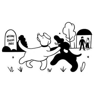 Two dogs, one a large fluffy breed and the other a small terrier, are energetically bumping into each other in a grassy park. The large dog has its ears perked up, while the small dog has its tail wagging enthusiastically. In the background, there are trees and a few scattered flowers. A "Welcome to the Park" sign is positioned nearby, with a couple of people walking along a path in the distance. The overall scene captures a moment of joyful interaction between the two dogs.