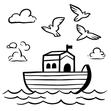 A large wooden ark with a rounded roof, sailing through choppy ocean waves, is depicted in the center of the image. Surrounding the ark, a flock of various birds is captured in flight, the wings spread wide as they soar above. The birds include doves and larger birds, creating a dynamic contrast in size. The ocean is illustrated with detailed wave patterns, enhancing the sense of movement. The sky above is filled with scattered clouds, adding depth to the scene.