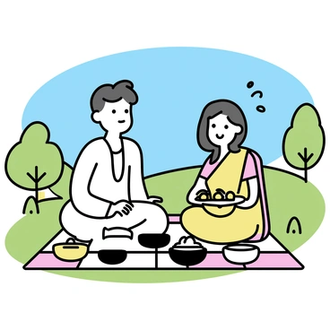 A Maharashtrian couple sitting on a checkered blanket in a green meadow. The man is wearing a white kurta and dhoti, while the woman is dressed in a colorful nauvari saree. They are surrounded by various traditional dishes displayed on the blanket, including puran poli, batata vada, and a bowl of shrikhand. The couple is smiling at each other, with the woman holding a plate of food. There are trees in the background and a clear blue sky above.