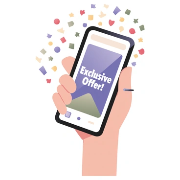 A digital flat illustration of a smartphone held in a hand, displaying a vibrant promotional email on its screen. The email features large, bold text that reads "Exclusive Offer!" in white letters on a bright blue background. Surrounding the smartphone, an array of colorful confetti in various shapes and sizes is cascading downwards, including stars, circles, and rectangles in shades of red, yellow, green, and purple. The hand holding the smartphone is depicted with light skin and is wearing a simple silver ring on the index finger. The background is a soft pastel color, enhancing the festive atmosphere.