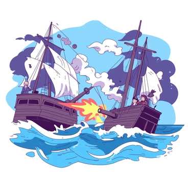 Two pirate ships with tattered sails are clashing on a turbulent ocean. The first ship, with a dark wooden hull, has its cannons blazing, sending plumes of smoke billowing into the air. The second ship, painted in a vibrant shade, is also firing its cannons, with cannonballs splashing into the water nearby. Waves crash against the sides of both ships as crew members can be seen maneuvering across the decks, shouting orders. The sky overhead is filled with dark, ominous clouds, adding to the intensity of the battle.