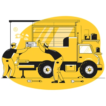 A mechanic, wearing a black work shirt and jeans, is bent over the back of a large truck in a garage, inspecting the tracking equipment. Various tools are spread out on a workbench nearby, including wrenches and a toolbox. The truck has large, rugged tires and is partially lifted on a hydraulic jack. Behind the mechanic, shelves filled with spare parts and equipment line the walls of the garage, and a large garage door is slightly open, allowing light to stream in.