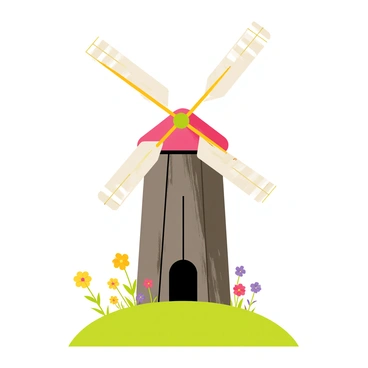 An old-fashioned wooden windmill with a weathered appearance stands tall on a small green hill. The windmill features four large blades, each painted in a vibrant white color, contrasting with the dark wood of the structure. Surrounding the base of the hill, various wildflowers bloom in an array of colors, including yellow, purple, and red, creating a lively scene. The sky above is clear, allowing bright sunlight to illuminate the landscape and enhance the colors of the windmill and the flowers.