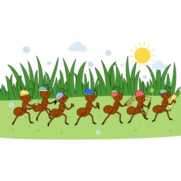 A group of cartoon ants marching in formation, each wearing a small colorful hat. The ants are playing tiny instruments such as a miniature trumpet, a small drum, and a tiny saxophone. The scene is set in a lush green field of grass, with blades of grass towering over the ants. Some ants are positioned at the front, leading the parade, while others follow closely behind, maintaining a cheerful demeanor. In the background, a few flowers bloom, adding splashes of color to the scene. The sun shines brightly, creating a lively atmosphere for the ant marching band.