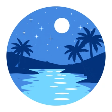 A calm scene of the Nile River under a clear night sky filled with sparkling stars. The water of the Nile is shimmering, reflecting the bright light from a full moon that hangs high above, illuminating the surface with a soft glow. On the riverbanks, there are silhouettes of lush palm trees swaying gently in the night breeze. The twinkling stars create a beautiful backdrop, adding depth to the tranquil atmosphere of the scene.