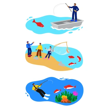 An illustration featuring three different fishing techniques used to catch "red snappers." The first technique shows a fisherman standing on a small boat, casting a fishing line with a bright red snapper jumping out of the water. The second technique depicts a group of anglers on a rocky shore using nets to capture red snappers swimming near the surface. The third technique illustrates a diver underwater, showcasing a red snapper swimming among colorful coral reefs while the diver approaches with a spear. Each scene is vibrant and clearly showcases the various methods of fishing for red snappers.
